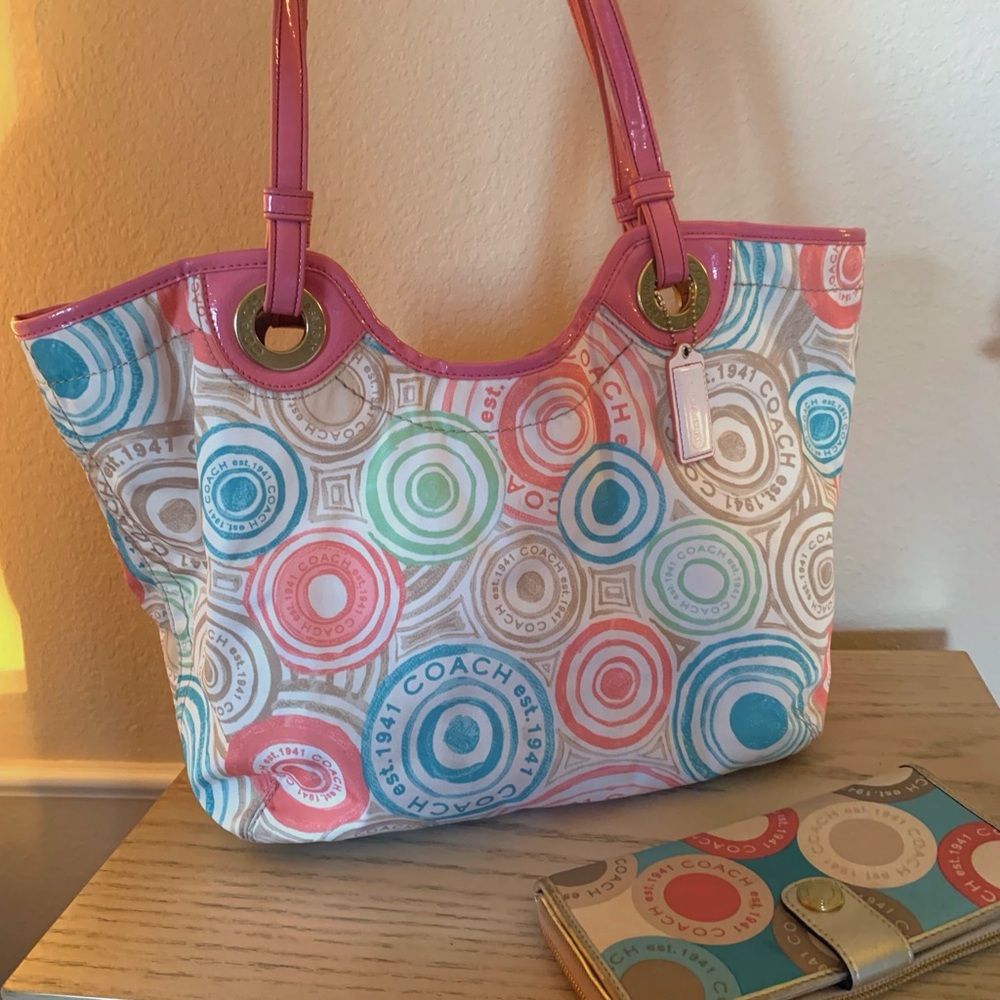 Coach Multicolor Circular Print Tote with Pink Patent Trim
